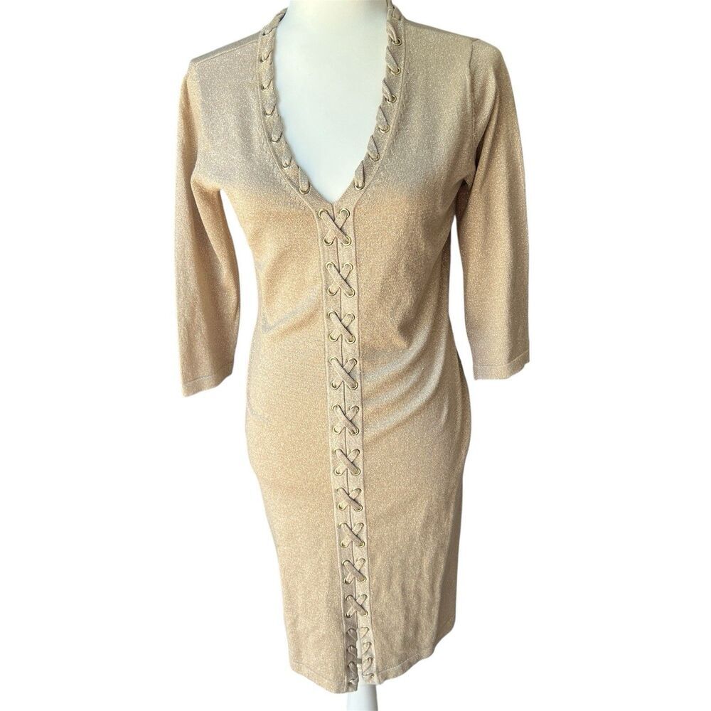 Allison Brittney Dress‎ Womens Small Gold Shimmer Laced Grommets V Neck Plunge